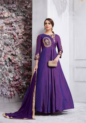Bright And Visually Appealing Color Is Here With This Designer Floor Length Suit In Puple Colored Top Paired With Purple Colored Bottom And Dupatta. Its Top Is Fabricated On Art Silk Paired With Santoon Bottom And Chiffon Dupatta. Buy This Readymade Suit Now