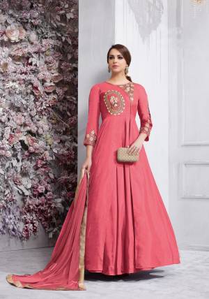 Bright And Visually Appealing Color Is Here With This Designer Floor Length Suit In Dark Pink Colored Top Paired With Dark Pink Colored Bottom And Dupatta. Its Top Is Fabricated On Art Silk Paired With Santoon Bottom And Chiffon Dupatta. Buy This Readymade Suit Now.