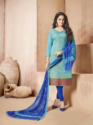 Go With The Shades Os Blue With this Dress Material In Turquoise Blue Colored Top Paired With Blue Colored Bottom And Dupatta. Its Top Is Fabricated On Banarasi Art Silk Paired With Cotton Bottom And Chiffon Dupatta. Get This Stitched As Per Your Desired Fit And Comfort.