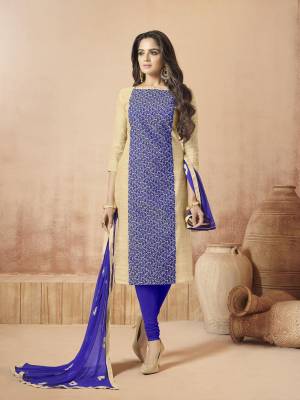 Simple And Elegant Loking Dress Material Is Here In Cream And Royal Blue Color Paired With Royal Blue Colored Bottom And Dupatta. Its Top Is Fabricated On Banarasi Art Silk Paired With Cotton Bottom And Chiffon Dupatta. All Its Fabrics Are Light Weight And Easy To Carry All Day Long.