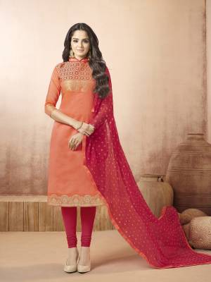 Orange And Red Color Induces Perfect Summery Appeal To Any Outfit, So Grab This Dress Material In Orange Colored Top Paired With Contrasting Red Colored Bottom And Dupatta. Its Top Is Fabricated On Banarasi Art Silk Paired With Cotton Bottom And Chiffon Dupatta. Buy Now.
