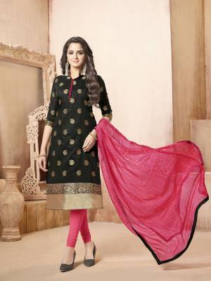 For A Bold And Pretty Look, Grab This Lovely Dress Material In Black Color Paired With Dark Pink Colored Bottom And Dupatta. Its Top Is Fabricated On Banarasi Art Silk Paired With Cotton Bottom And Chiffon Dupatta. This Dress Material Ensures Superb Comfort And also It Is Easy To Care For.