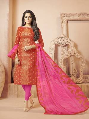 For a Festive look, Grab This Dress Material And Get This Stitched As Per Your Desired Fit And Comfort. This Pretty Dress Material IS In Dark Orange Colored Top Paired With Contrasting Rani Pink Colored Bottom And Dupatta. Its Top Is Fabricated On Banarasi Art Silk Paired With Cotton Bottom And Chiffon Dupatta. Buy Now.