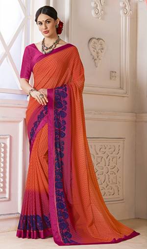 Bright And Visually Appealing Color Is Here With This Pretty Saree In Orange Color Paired With Contrasting Rani Pink Colored Blouse. This Saree IS Fabricated On Georgette Paired With Satin Fabricated Blouse. It Is Light Weight And Easy To Carry All Day Long.