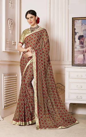 Grab This Very Pretty Multi Colored Saree Paired With Khaki Colored Blouse. This Saree Is Fabricated On Georgette Paired With Satin Fabricated Blouse. It Is Beautified With Prints All Over It. Buy This Saree Now.