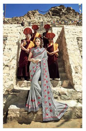 Rich And Elegant Looking Color Is Here With This Designer Saree In Grey Color Paired With Grey Colored Blouse. This Saree Is Fabricated On Satin Silk Paired With Art Silk Fabricated Blouse. It Is Beautified With Attractive Contrasting Embroidery.