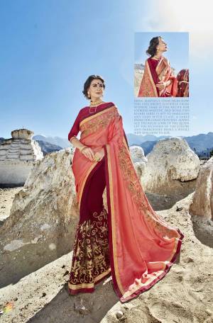 Attract Wearing This Designer Saree In Peach And Magenta Pink Color Paired With Magenta Pink Colored Blouse. This Saree Is Fabricated On Satin Silk Paired With Art Silk Fabricated Blouse. It Is Beautified With Embroidery Making It More Attractive.