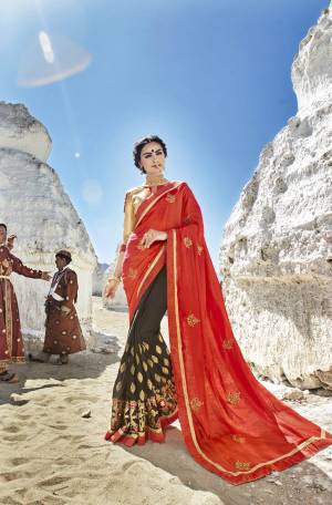 New And Unique Color Combinations Are Running This Season, So Grab This Saree With Orange And Dark Grey Color Paired With Beige Colored Blouse. This Saree Is Fabricated On Art Silk And Georgette Paired With Art Silk Fabricated Blouse. Buy This Saree Now.