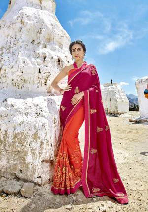 Bright And Visually Appealing Shades Are Here For This Summer With This Designer Saree In Dark Pink And Orange Color Paired With Orange Colored Blouse. This Saree Is Fabricated On Satin Silk And Georgette Paired With Art Silk Fabricated Blouse. Buy This Attractive Saree Now.