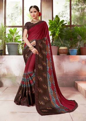 IF You Are Fond Of Dark Colors, Than Grab This Beautifu Attractive Saree In Maroon And Beown Color Paired With Brown Colored Blouse. This Saree Is Fabricated Of Crepe Silk Paired With Art Silk Fabricated Blouse. It Is Light Weight And Easy To Drape.