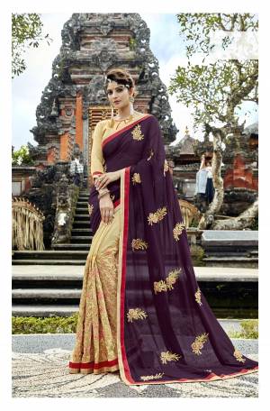 Add This Bright Colored Designer Saree To Your Wardrobe In Purple And Beige Color Paired With Beige Colored Blouse. This Saree Is Fabricated On Georgette Paired With Art Silk Fabricated Blouse. It Has Heavy Embroidery Over The Skirt Panel And Embroidered Motifs Over The Pallu.