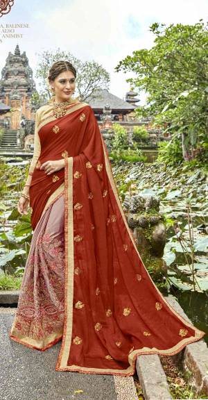 New And Unique Color Pallete Is Here With This Designer Saree In Rust Orange And Mauve Color Paired With Beige Colored Blouse. This Saree Is Fabricated On Crepe Silk Paired With Art Silk Fabricated Blouse. It Lovely Color Combiantion And Embroidery Will Earn You Lots Of Compliments From Onlookers.