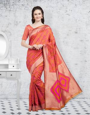 New Shade In Orange Is Here With This Silk Saree In Rust Orange Color Paired With Rust Orange Colored Blouse. This Saree And Blouse are Fabricated On Banarasi Art Silk Beautified With Weave All Over It. Buy Now.