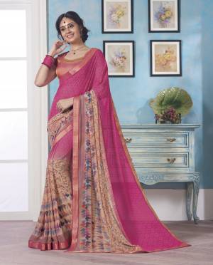 Look Pretty Wearing This Pink Colored Saree Paired With Pink Colored Blouse. This Saree Is Fabricated On Georgette Paired with Brocade Fabricated Blouse. It Is Beautified With Prints And Lace Border.