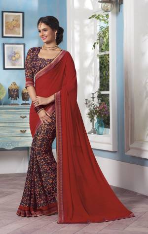Here Is An Attractive Red And Purple Colored Saree Paired With Purple Colored Blouse. This Saree And Blouse are Fabricated On Georgette Beautified With Prints And Lace Border. Buy This Saree Now.