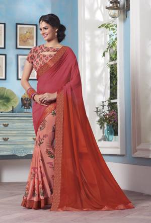 Grab This Beautiful Shaded Saree In Orange , Pink And Light Pink Color Paired With Light Pink Colored Blouse. This Saree And Blouse Are Fabricated On Georgette Beautified With Prints And Lace Border.Buy This Pretty Saree Now.