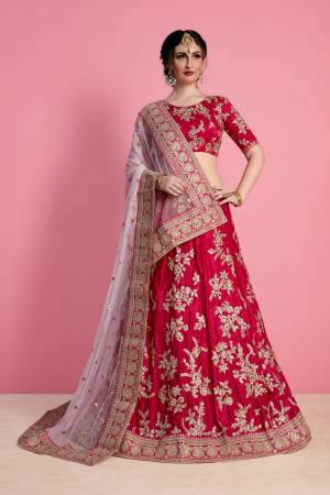 Look Attractive In This Designer Heavy Lehenga Choli In Dark Pink Color Paired With Light Pink Colored Blouse. This Blouse And Lehenga Are Fabricated On Velvet Silk Paired With Net Fabricated Dupatta. It Has Heavy Embroidery Over All Over It.
