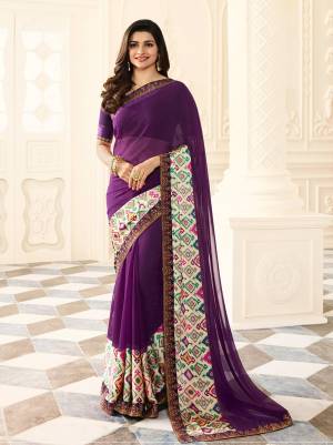 Attract All With This Very Pretty Saree In Purple Color Paired With Purple Colored Blouse. This Saree Is Fabricated On Georgette Paired With Art Silk Fabricated Blouse. It Is Beautified With Printed Satin Patta. Wear This As Your Casual Or Semi-Casual Wear.