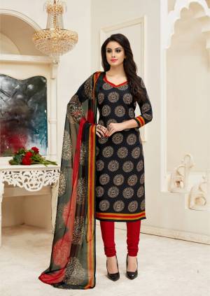 Add This Dress Material For Your Casual Wear In Black Colored Top Paired With Red Colored Bottom And Black Dupatta. Its Top And Bottom are Fabricated On Cotton Paired With Chiffon Dupatta. Get This Stitched As Per Your Desired Fit And Comfort.