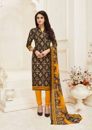 Add Some Casuals With This Dress Material In Brown Colored Top Paired With Musturd Yellow Colored Bottom And Dupatta. Its Top And Bottom Are Fabricated On Cotton Paired With Chiffon Dupatta. Buy This Printed Dress Material Now.
