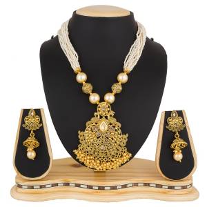 You Will Definitely Earn Lots Of Compliments With This Lovely Designer Necklace Set In golden Color With Multiple Chains Of Pearls. Buy This Pretty Set Now.