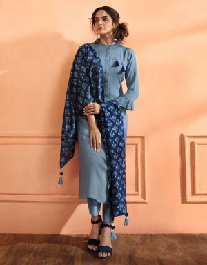 Rich Looking Designer Readymade Suit In Here In Light Blue Color Paired With Dark Blue Colored Dupatta. Its Top Is Fabricated On Muslin Silk Paired With Santoon Bottom And Muslin Silk Dupatta. It Has Lovely Prints All Over Dupatta, Its Top IS Stitched With Unstitched Bottom.