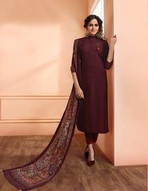 Add This Lovely Shade To Your Wardrobe With This Designer Readymade Suit In Wine Colored Top And Bottom Paired With Multi Colored Dupatta. Its Top Is Fabricated On Muslin Cotton Paired With Santoon Bottom And Soft silk Dupatta. Buy This Suit Now.