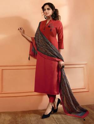 Adorn The Pretty Angelic Look Wearing This Designer Straight Readymade Suit In Red Color Paired With Multi Colored Dupatta. Its Top Is Fabricated On Muslin Silk Paired With Santoon Bottom And Soft Silk Dupatta. Buy This Suit Now.