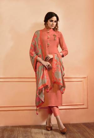 Look Pretty Wearing This Designer Straight Cut Suit In Peach Color Paired With Beige Colored Dupatta, Its Readymade Is Muslin Silk Fabricated Paired With Unstiched Santoon Bottom And Soft Silk Dupatta. Buy Now.