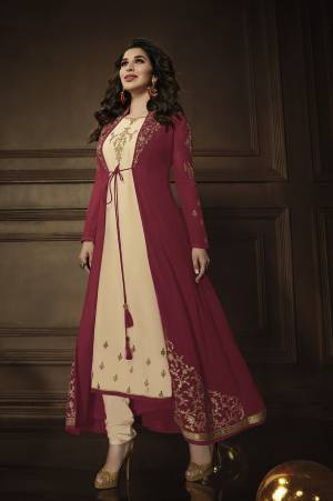 Here Is Beautiful Jacekt Patterned Designer Suit In Beige Colored Top, Bottom And Dupatta Paired With Maroon Colored Jacket. Its Top, Jacekt And Dupatta Are Fabricated On Georgette Paired With Santoon Bottom. Buy This Semi-Stitched Embroidered Suit Now.