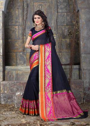 Drape this navy blue & pink coloured saree from Viva N Diva and look pretty like never before. This beautiful saree features a classy weaving border, which makes it a smart pick for casual occasions. Made from khadi silk, this 5.5 m saree is light in weight and easy to carry all day long. It comes with a 0.80 m blouse piece.
