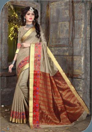 Drape this beige coloured saree from Viva N Diva and look pretty like never before. This beautiful saree features a classy weaving border, which makes it a smart pick for casual occasions. Made from khadi silk, this 5.5 m saree is light in weight and easy to carry all day long. It comes with a 0.80 m blouse piece.