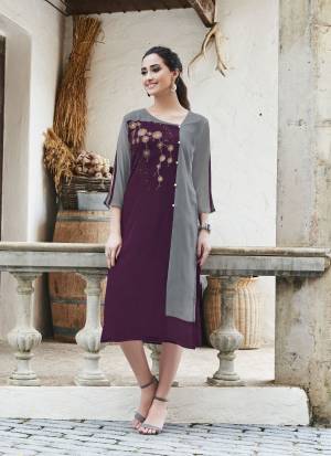 Add This Lovely Color Pallete To Your Wardrobe With this Very Pretty Designer Readymade Kurti In Wine And Grey Color Fabricated On Georgette. It Is Light Weight And Easy To Carry All day Long.