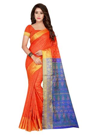 Celebrate This Festive Season Wearing This Attractive Saree In Orange Color Paired With Orange Colored Blouse. This Saree And Blouse Are Fabricated On Banarasi Art Silk Beautified With Weave. Buy Now.
