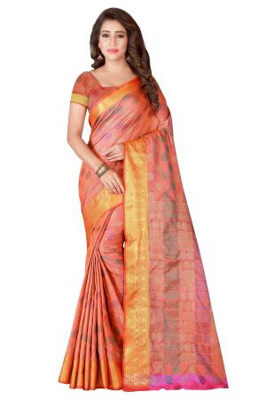 A Must Have Shade In Every Womens Wardrobe Is Here With This Silk Saree In Peach Color Paired With Peach Colored Blouse. This Saree And Blouse Are Fabricated On Banarasi Art Silk Beautified With Multi Colored Weave. 
