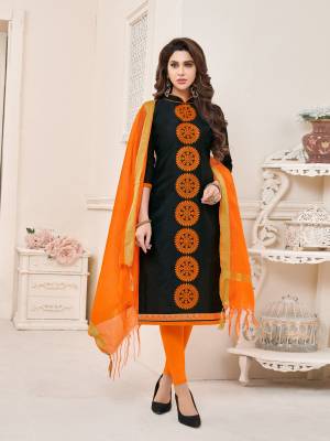 For a bold and beautiful look, grab this beautiful dress material in black colored top paired with orange colored bottom and dupatta. Its top and bottom are cotton based paired with chanderi dupatta. Its fabrics are soft towards skin and easy to carry all day long.