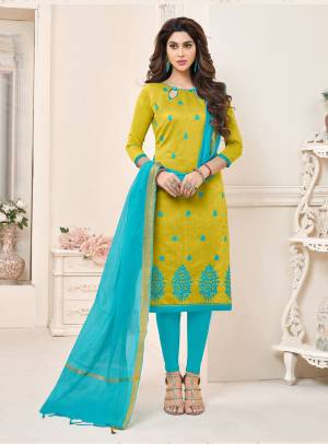New and unique shade in green is here with this dress material in pear green color paired with turquoise blue colored bottom and dupatta. Its top and bottom are fabricated on cotton paired with chanderi dupatta. It is light weight and easy to carry all day long.