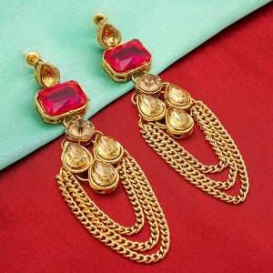 Grab This Beautiful Trendy Set Of Earrings In Golden Color Beautified With Beige And Red Colored Stones. This Earring Set Can Be Paired With Red Or Any Contrasting Colored Ethnic Attire.