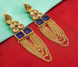 For An Attractive Look, Grab This Pretty Set Of Earings In Golden Color Beautified With Blue And Beige Colored Stone Work. Buy This Earring Set Now.