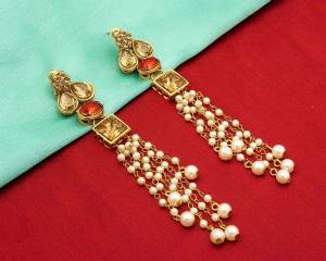 Grab This Beautiful Trendy Set Of Earrings In Golden Color Beautified With Beige And Red Colored Stones and Pearl Work. This Earring Set Can Be Paired With Red Or Any Contrasting Colored Ethnic Attire.