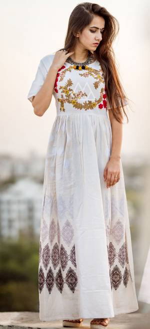 OFF WHITE LONG MAXI DRESS WITH EMBROIDERED YOKE 
ADDED WITH DIGITAL PRINT ON BOTH SIDE OF FLAIR