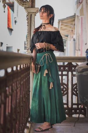 Trendy And Classy Are Two Perfect Word For Todays Generation, Grab This Beautiful Pair In Black Colored Off Shoulder Top Paired With Pine Green Colored Bottom .Both Are Khadi Cotton Based Fabric Available In Sizes. 