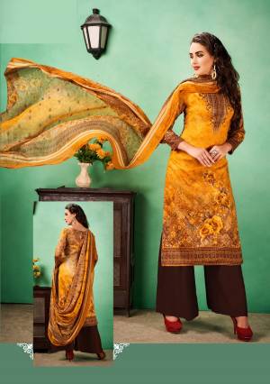 Be It A Small Function Or Semi-Casual Wear, This Suit Is For All. Grab This Dress Material In Musturd Yellow Colored Top And Dupatta Paired With Brown colored Bottom. Its Top And Bottom Are Fabricated On Cotton Paired With Chiffon Dupatta Beautified With Prints.