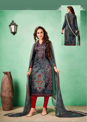 For Your Casual Or Semi-Casual Wear, Get This Dress Material Stitched As Per Your desired Fit And Comfort. This Dark Grey Colored Top And Dupatta Is Paired With Red Colored Bottom . This Dress Material Is Cotton Based Paired With Chiffon Dupatta.