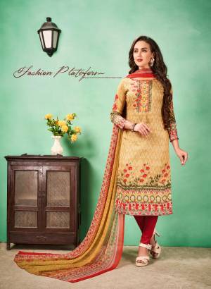 Evergreen Traditional Combiantion Is Here With This Dress Material In Beige Colored Top and Dupatta Paired With Red Colored Bottom. Its Top And Bottom Are Cotton Fabricated Paired With Chiffon Dupatta. Buy This Now.
