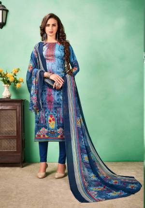 Add This Dress Material To Your Wardrobe For Casual Or Semi-Casuals. This Blue Colored Dress Material In Fabricated On Cotton Paired With Chiffon Dupatta. Its Fabric Ensures Superb Comfort All Day Long.