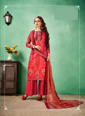 Adorn The Pretty Angelic Look Wearing This Dress Material In Red Color. Its Top And Bottom Are Fabricated On Cotton Paired With Chiffon Dupatta. It IS Beautified With Prints all over. Buy Now.