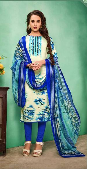 Get This Dress Material Stitched As Per Your Desired Fit And Comfort. Its Top and Dupatta Are In Cream And Blue Color Paired With Royal Blue Colored Bottom. Its Top And Bottom Are Fabricated On Cotton Paired With Chiffon Dupatta. Buy This Now.