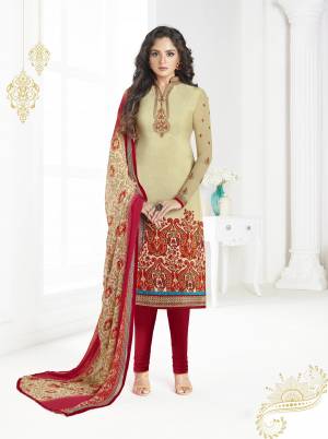 Simple And Elagant Looking Dress Material Is Here In Beige Colored Top Paired With Red Colored Bottom And Beige And Red Dupatta. Its Top And Bottom Are Fabricated On Crepe Paired With Georgette Dupatta.  It Is Beautified With Prints And Embroidery.