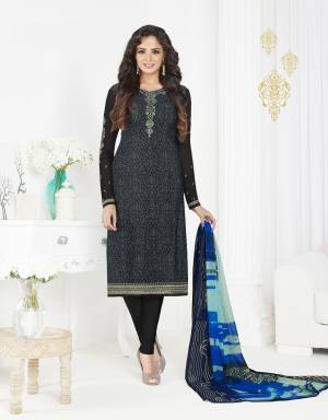 For A Bold And Beautiful Look, Grab This Dress Material In Grey And Black Colored Top Paired With Black Colored Bottom And Blue Dupatta. Its top And Bottom Are Fabricated On Crepe Paired With Chiffon Dupatta. Buy Now.